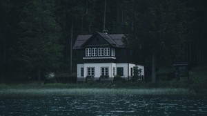 haus, fluss, bäume, wald, düster, einsamkeit, stille - wallpapers, picture