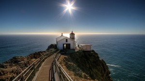 the house, the sun, lighthouse, road, the ocean, mountains