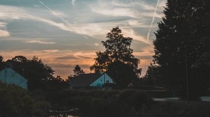 the house, water, sunset, trees, branches, the sky - wallpapers, picture