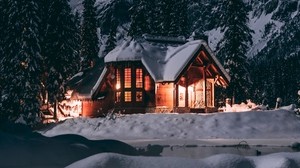 the house, winter, snow, evening, trees - wallpapers, picture
