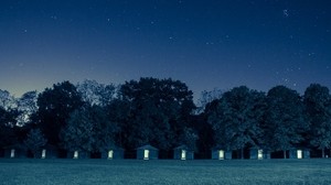 houses, trees, forest, grass, night - wallpapers, picture