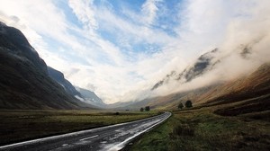 road, asphalt, wet, mountains, haze, sky, clouds, path, suspense, valley