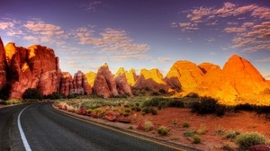 road, asphalt, turn, canyon, light, shadows