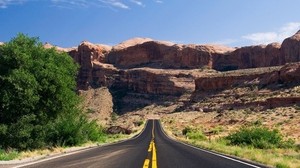 road, asphalt, marking, lines, canyons, trees