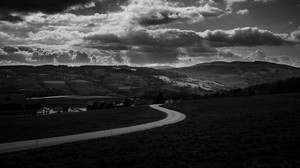road, black and white (bw), turn, sky, clouds