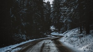 road, trees, snow, winter, winding - wallpapers, picture