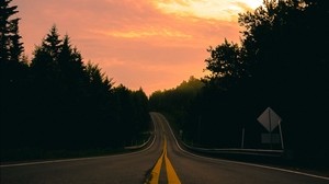 road, turn, marking, forest, sunset - wallpapers, picture