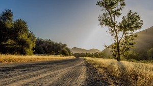 road, trees, mountains, sunlight - wallpapers, picture