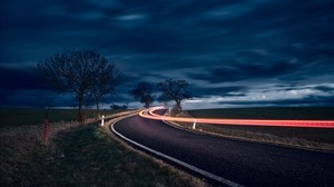 road, long exposure, turn, night, trees, sky
