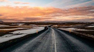 road, horizon, marking, turn, snow, sunset