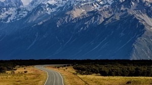 road, mountains, sky, grass