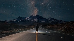road, mountains, night, silhouette, starry sky