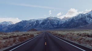 road, mountains, landscape, asphalt, straight, far