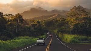 camino, montañas, paisaje, giro, asfalto, autos