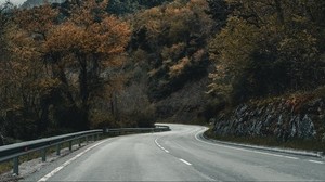 road, mountains, turn, trees, clouds - wallpapers, picture