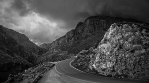 strada, montagne, serpentino, bianco e nero