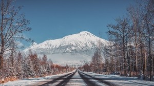 道路，山脉，雪，树木，风景，冬天