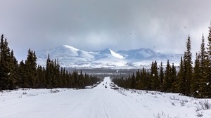road, mountains, snow, trees, winter, landscape
