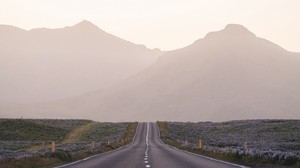road, mountains, fog, asphalt, highway