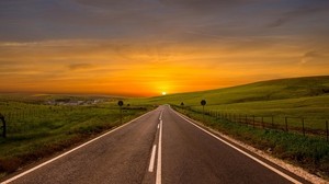 road, bend, marking, sunset, sky
