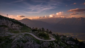 road, winding, mountains, clouds