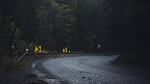 road, forest, fog, turn, asphalt, trees