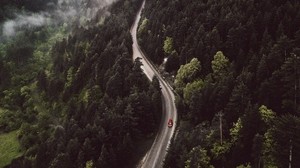 road, forest, aerial view, mountains, hills