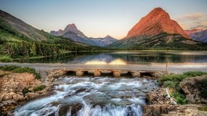 road, bridge, river, source, course, stones, mountains, landscape