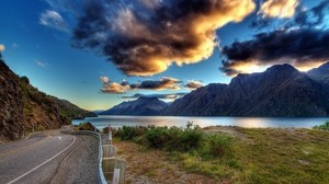 road, clouds, river, mountains, asphalt, marking - wallpapers, picture