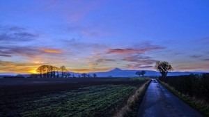 road, landscape, sunset, field