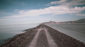 road, coast, stones, water, hills, clouds - wallpapers, picture