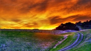 road, field, flowers, sky, sunset, evening, orange, clouds - wallpapers, picture