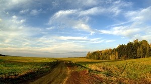 road, field, sky, clouds, blue, country, open spaces, trees, horizon, landscape - wallpapers, picture