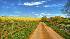 road, field, the fence, home, landscape