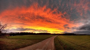 road, fields, sky, sunset, evening, village - wallpapers, picture