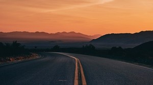 strada, svolta, orizzonte, tramonto, marcatura, asfalto