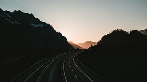 road, turn, mountains, morning, dawn, empty
