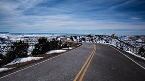 straße, drehung, kurvenreich, asphalt, horizont, schneebedeckt