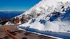 road, turn, lines, yellow, asphalt, mountains, snow