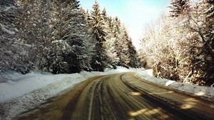 道路，转弯，冬天，雪，树木，白霜，雪泥，污垢 - wallpapers, picture