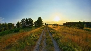 camino, país, camino, puesta de sol