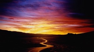 strada, sentiero, pista, curve, tramonto, sole, arancia