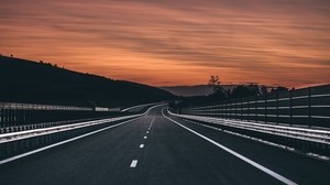 road, marking, asphalt, sunset, horizon
