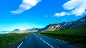 road, marking, mountains, sky