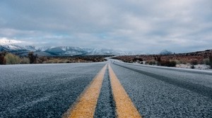 道路、マーキング、空、山、距離