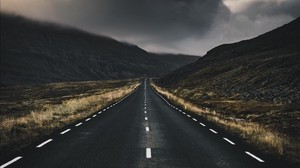 road, marking, clouds, turn