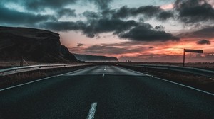 road, marking, clouds, dawn
