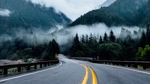 road, marking, turn, mountains, fog