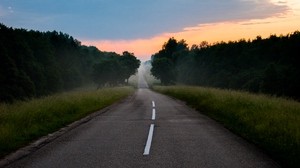 road, marking, fog, dawn
