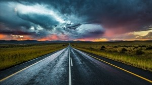 road, marking, evening, clouds, horizon